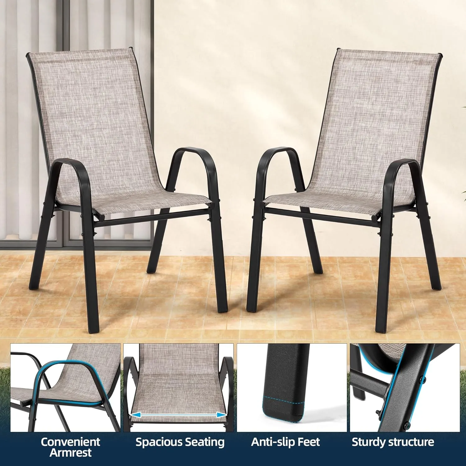 HOMREST Patio Chairs Set of 2,Outdoor Dining Chairs with Armrests,Backyard Stackable Chairs with Breathable Fabric & Metal Frame for All Weather, Grey
