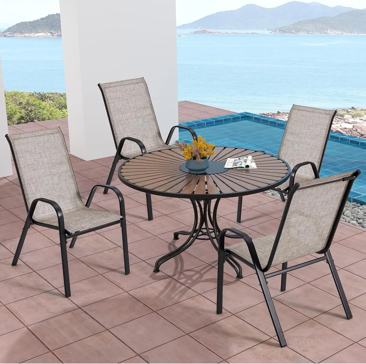 HOMREST Patio Chairs Set of 2,Outdoor Dining Chairs with Armrests,Backyard Stackable Chairs with Breathable Fabric & Metal Frame for All Weather, Grey