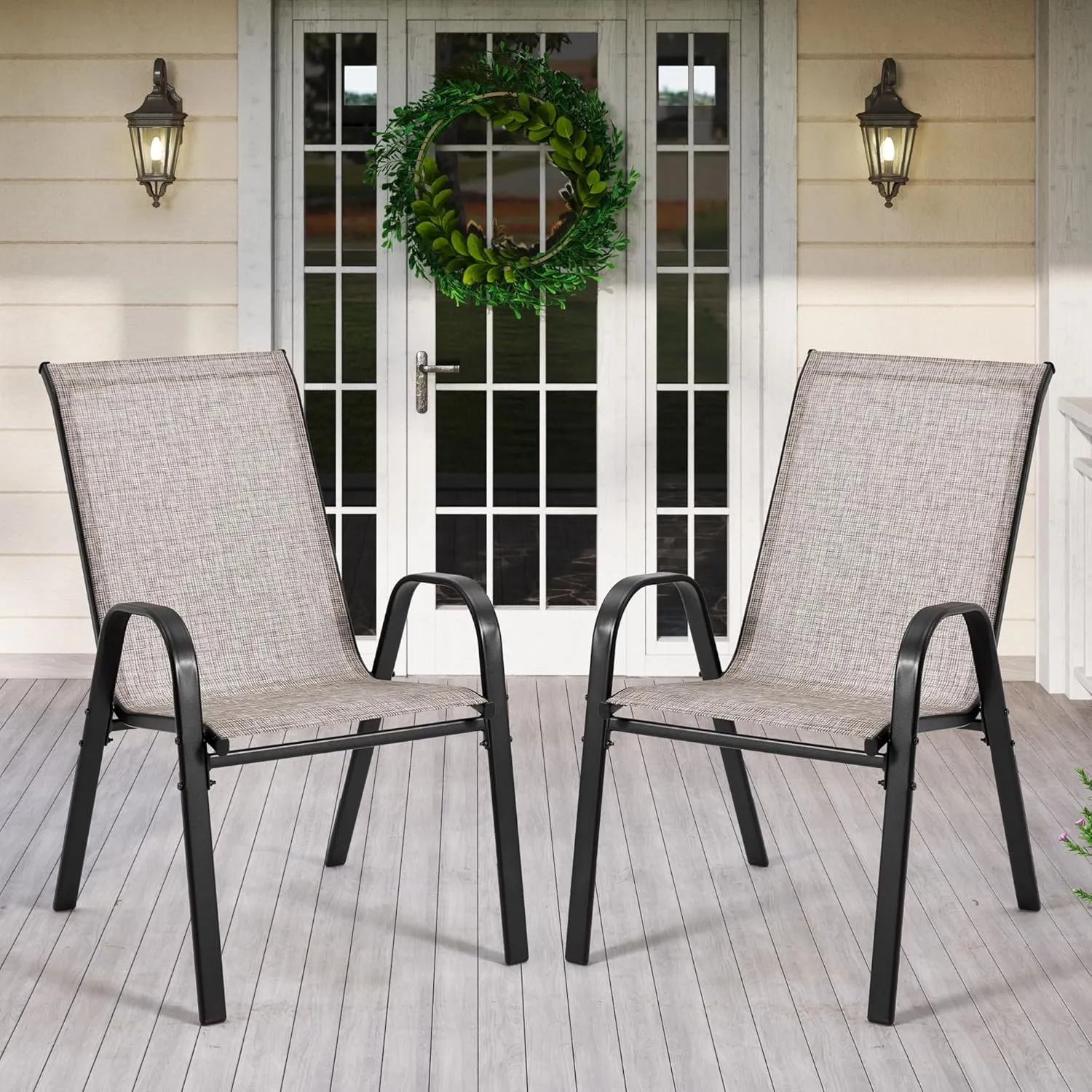 HOMREST Patio Chairs Set of 2,Outdoor Dining Chairs with Armrests,Backyard Stackable Chairs with Breathable Fabric & Metal Frame for All Weather, Grey