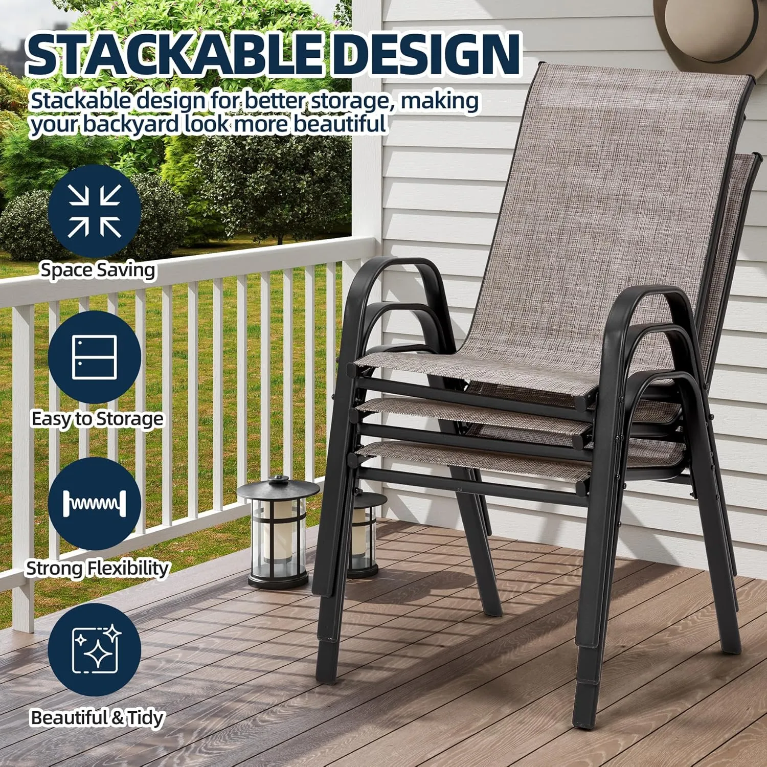 HOMREST Patio Chairs Set of 2,Outdoor Dining Chairs with Armrests,Backyard Stackable Chairs with Breathable Fabric & Metal Frame for All Weather, Grey