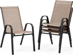 HOMREST Patio Chairs Set of 4,Outdoor Dining Chairs with Armrests,Backyard Stackable Chairs with Breathable Fabric & Metal Frame for All Weather,Brown