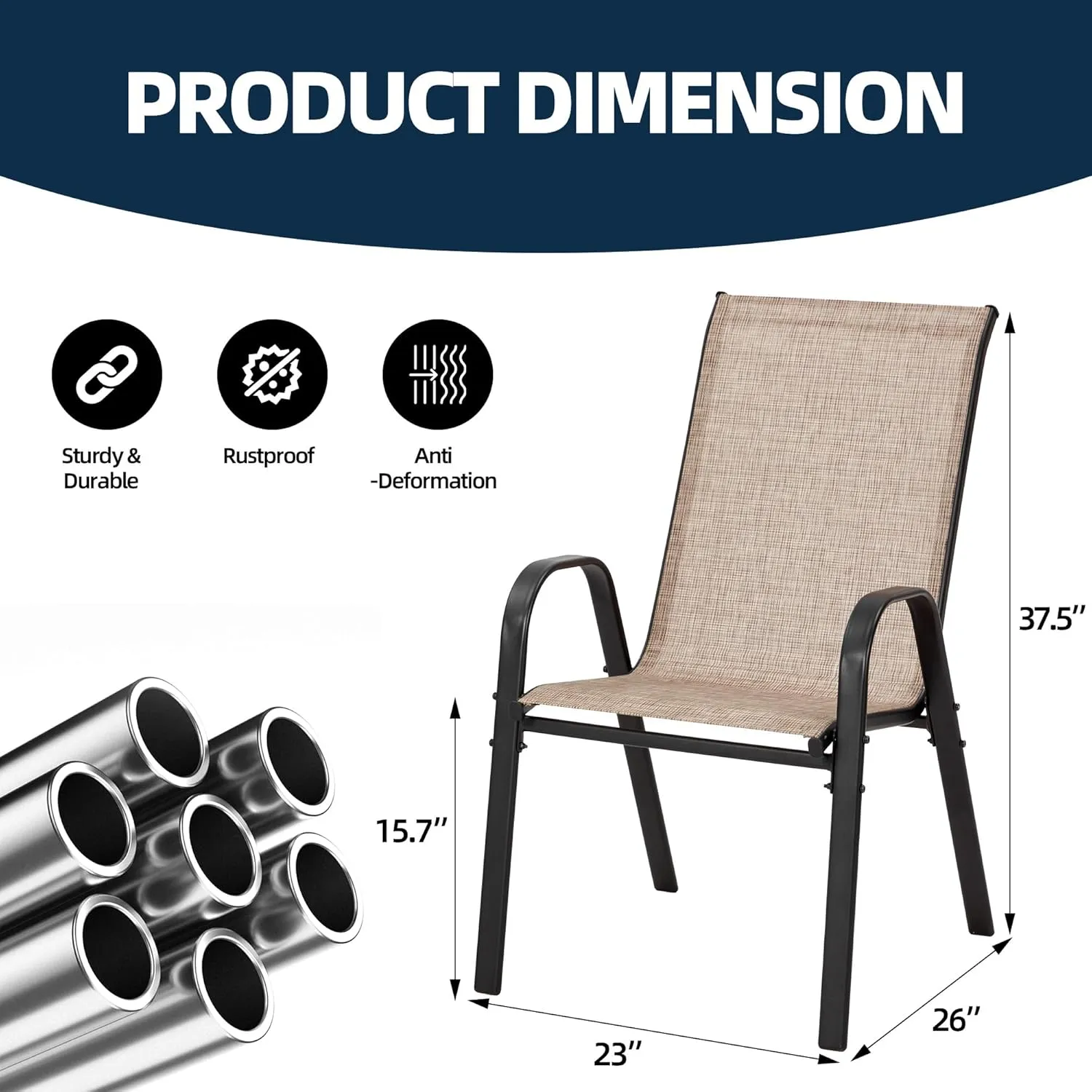 HOMREST Patio Chairs Set of 4,Outdoor Dining Chairs with Armrests,Backyard Stackable Chairs with Breathable Fabric & Metal Frame for All Weather,Brown