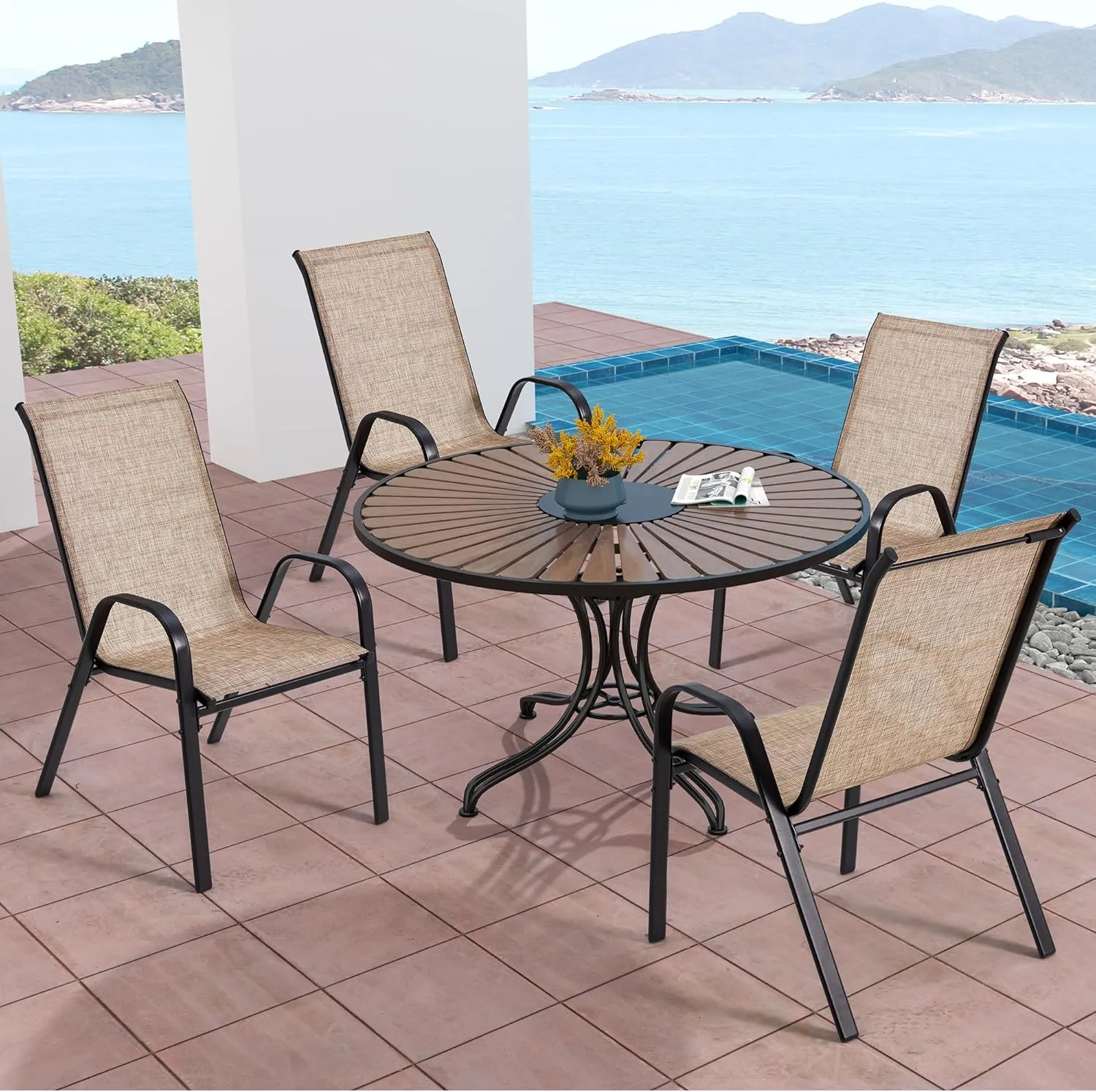 HOMREST Patio Chairs Set of 4,Outdoor Dining Chairs with Armrests,Backyard Stackable Chairs with Breathable Fabric & Metal Frame for All Weather,Brown
