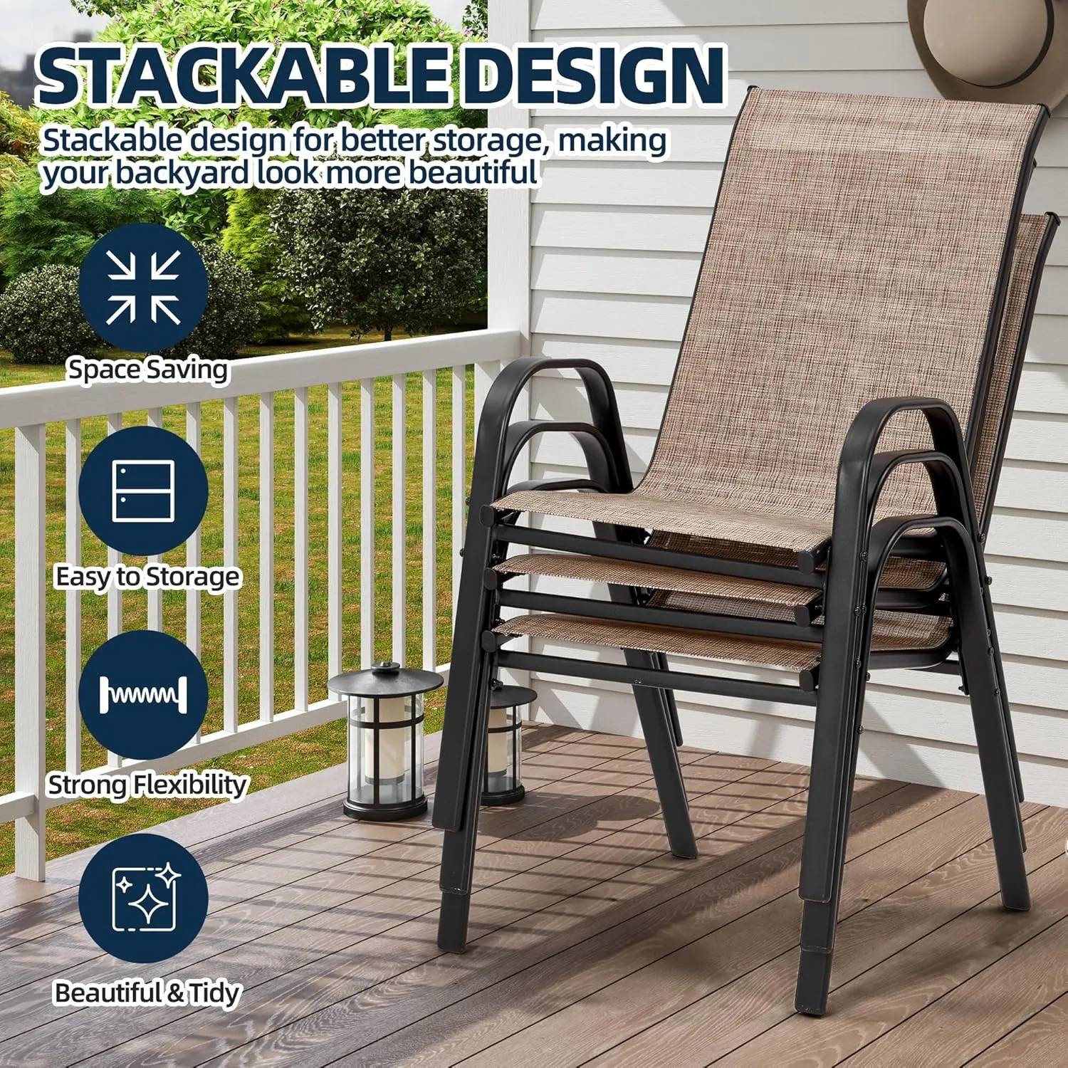 HOMREST Patio Chairs Set of 4,Outdoor Dining Chairs with Armrests,Backyard Stackable Chairs with Breathable Fabric & Metal Frame for All Weather,Brown