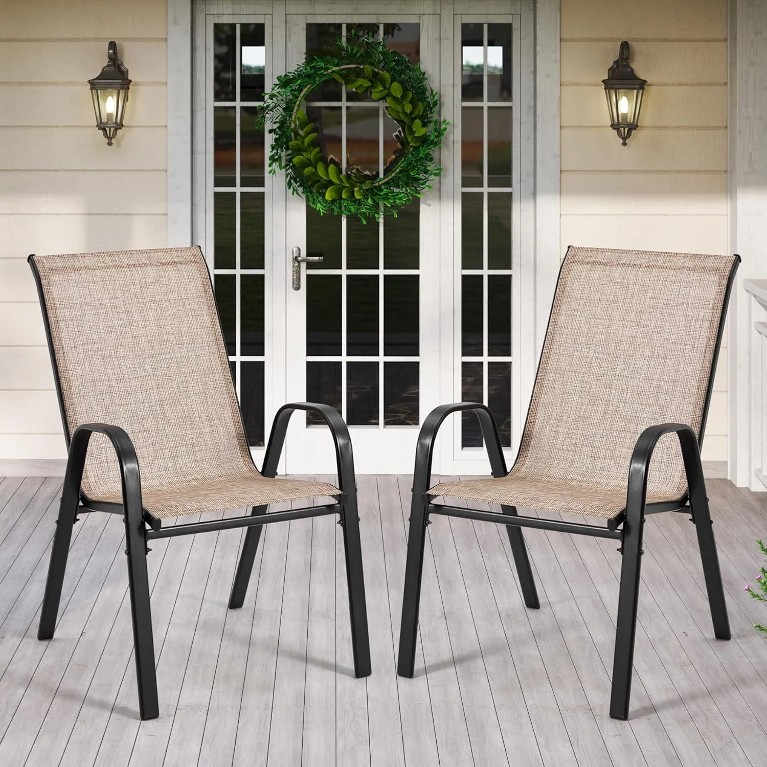 HOMREST Patio Chairs Set of 4,Outdoor Dining Chairs with Armrests,Backyard Stackable Chairs with Breathable Fabric & Metal Frame for All Weather,Brown