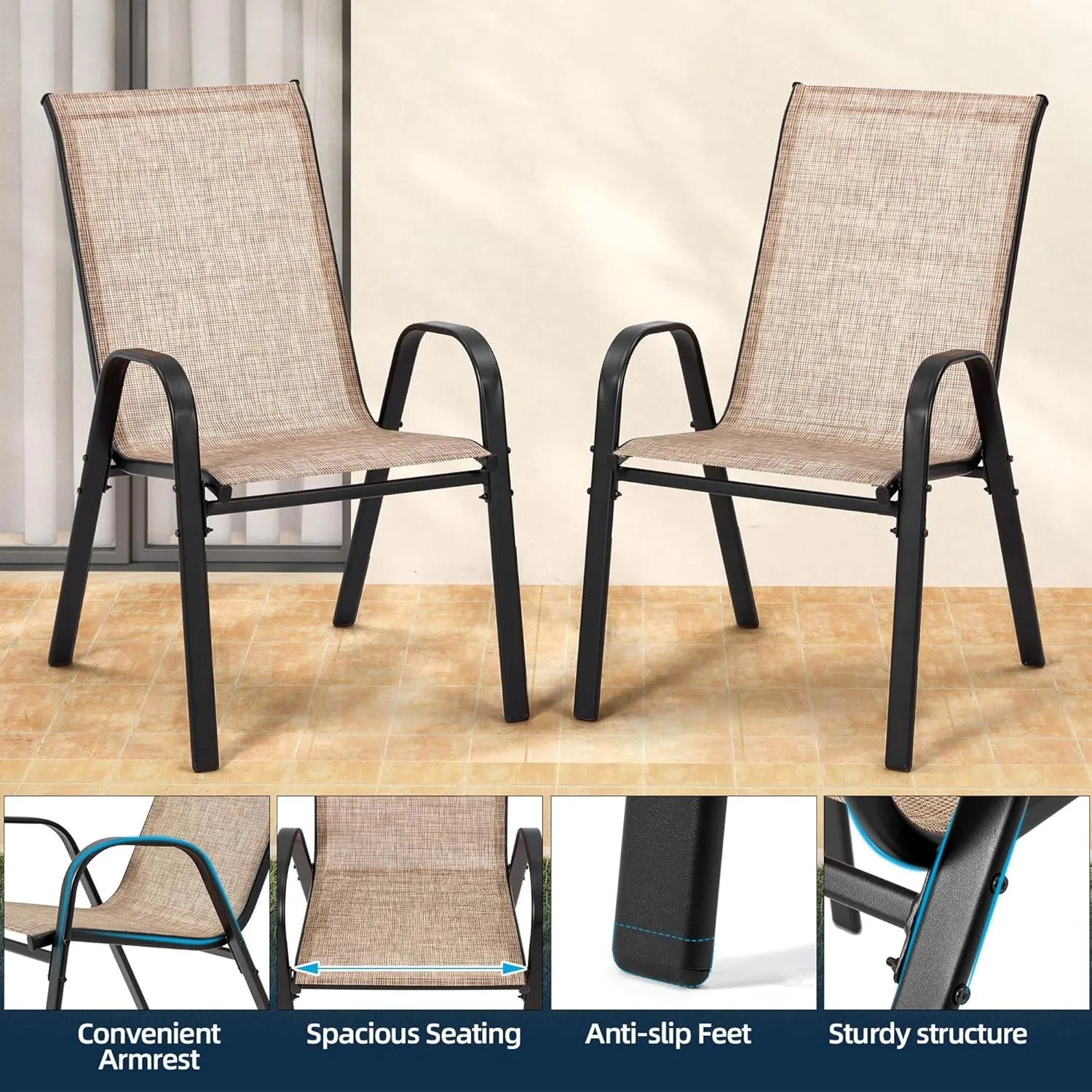 HOMREST Patio Chairs Set of 4,Outdoor Dining Chairs with Armrests,Backyard Stackable Chairs with Breathable Fabric & Metal Frame for All Weather,Brown