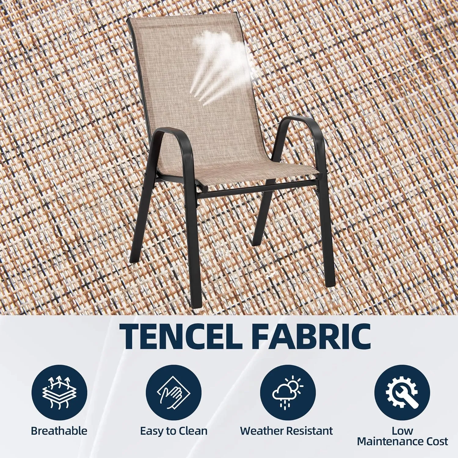 HOMREST Patio Chairs Set of 6,Outdoor Dining Chairs with Armrests,Backyard Stackable Chairs with Breathable Fabric & Metal Frame for All Weather,Brown
