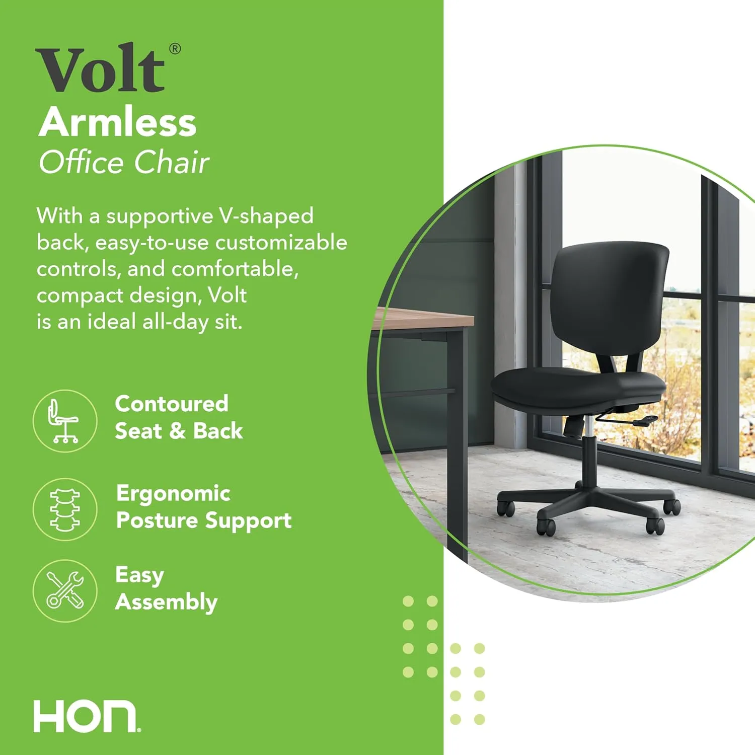 HON Volt Armless Chair, Ergonomic Adjustable Center-Tilt Recline, Leather Back and Seat, Swivel Desk Chair, Black