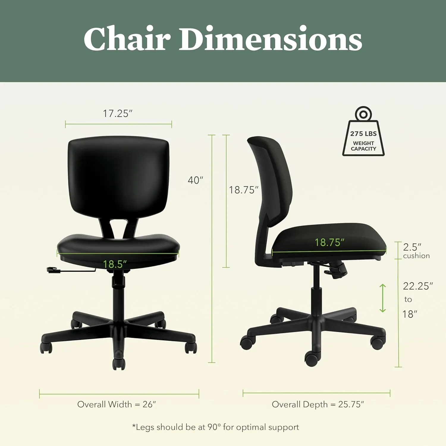 HON Volt Armless Chair, Ergonomic Adjustable Center-Tilt Recline, Leather Back and Seat, Swivel Desk Chair, Black