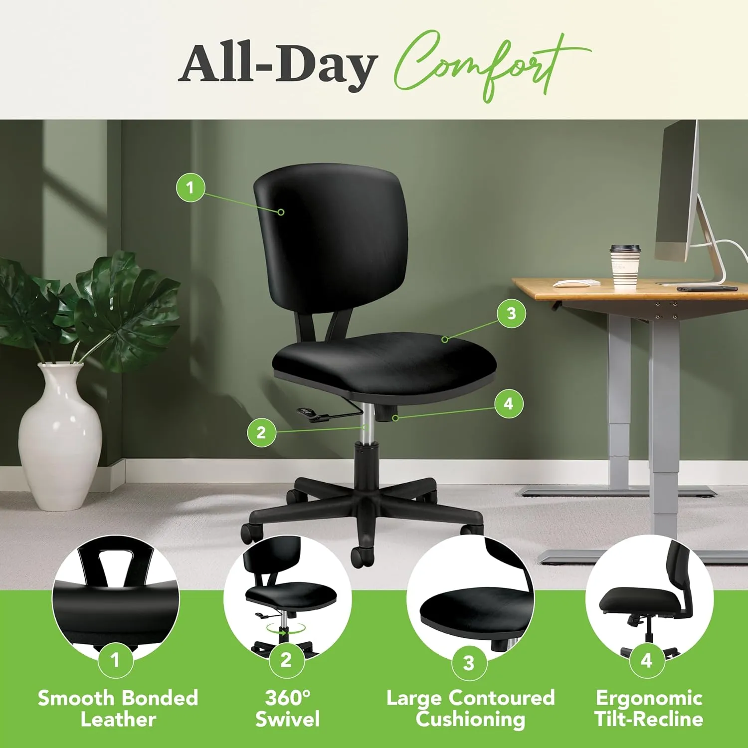 HON Volt Armless Chair, Ergonomic Adjustable Center-Tilt Recline, Leather Back and Seat, Swivel Desk Chair, Black