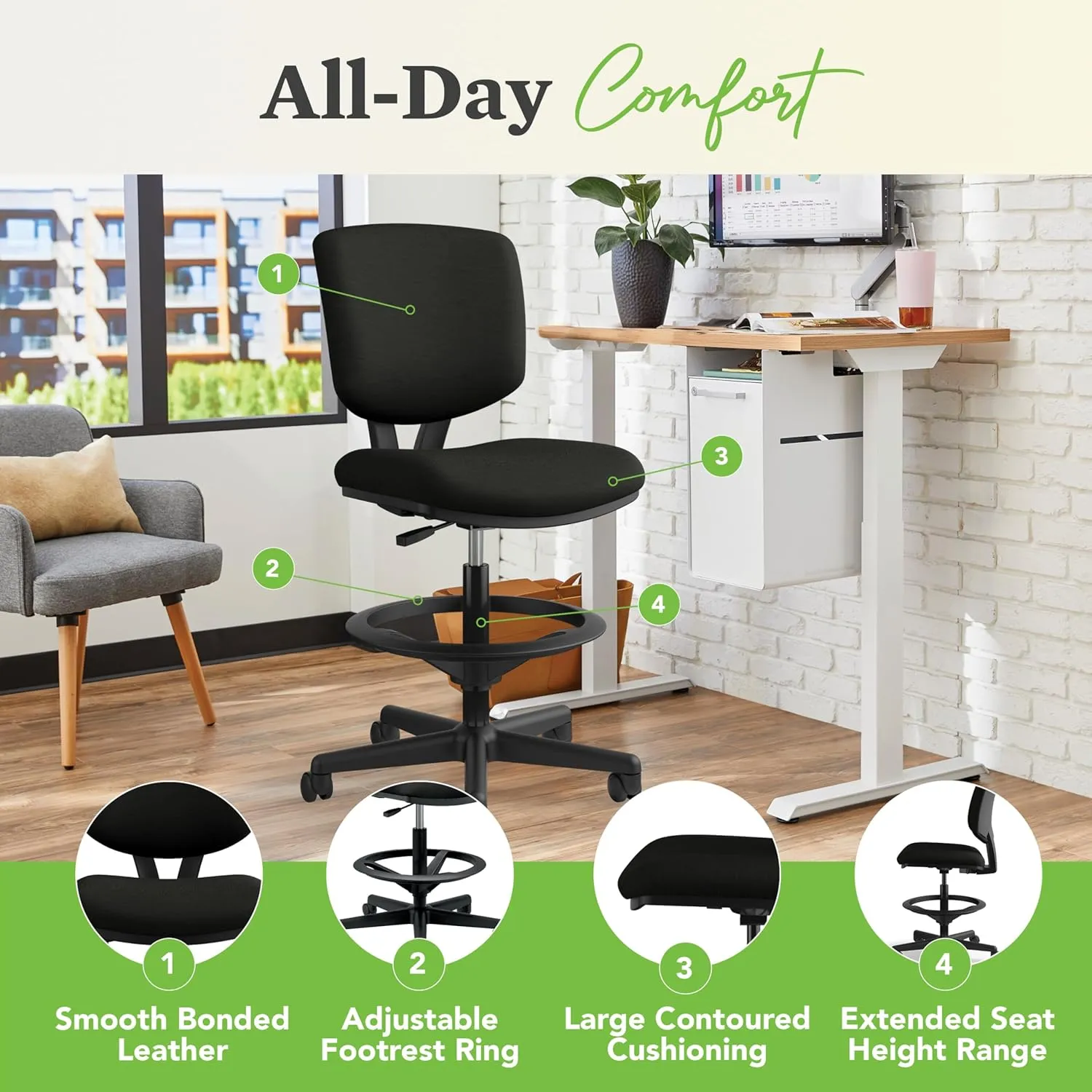 HON Volt Leather Office Chair with Foot Rest - Task Chair for Standing Office Desk, Foot Ring, and Wheels - 250lb Max, Black