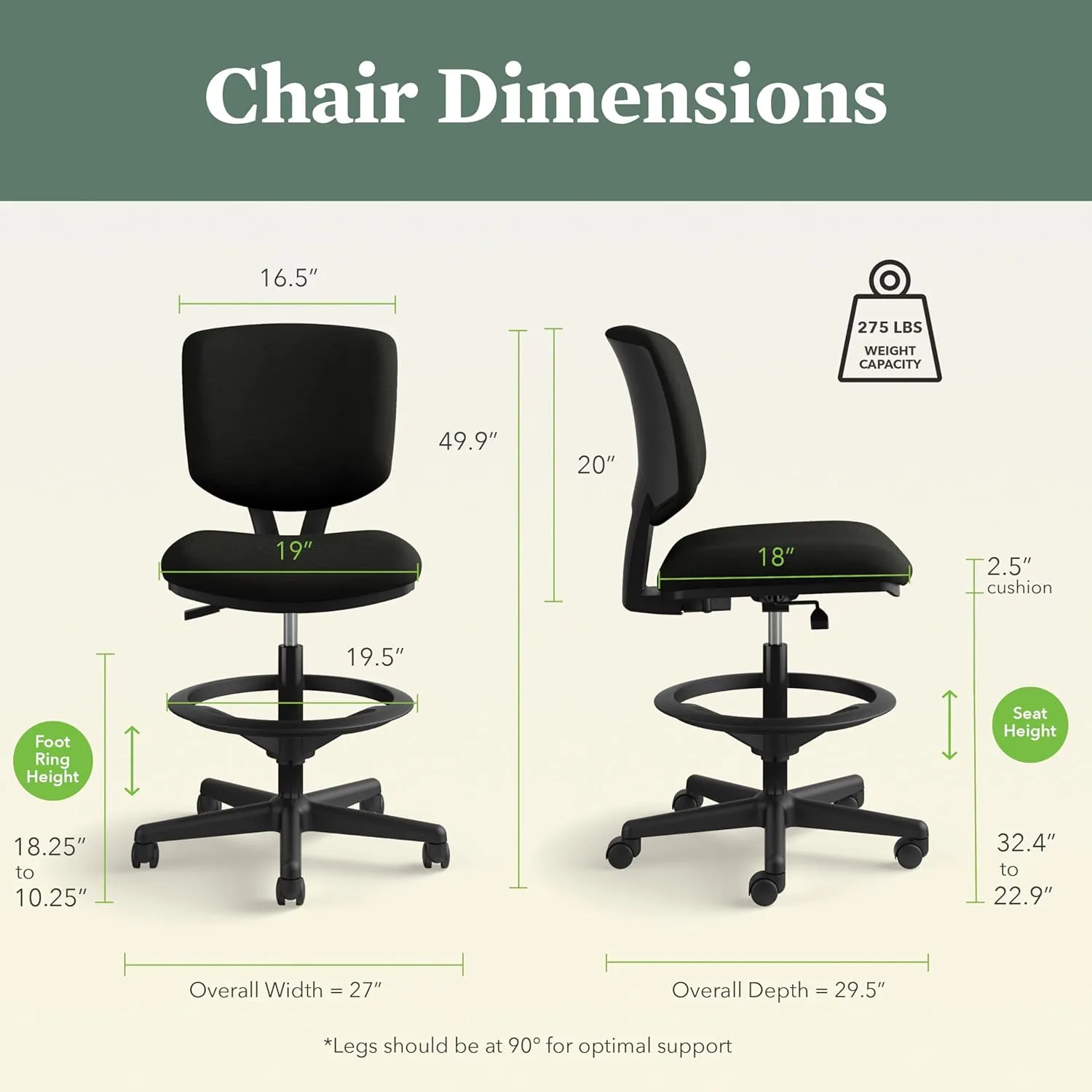 HON Volt Leather Office Chair with Foot Rest - Task Chair for Standing Office Desk, Foot Ring, and Wheels - 250lb Max, Black