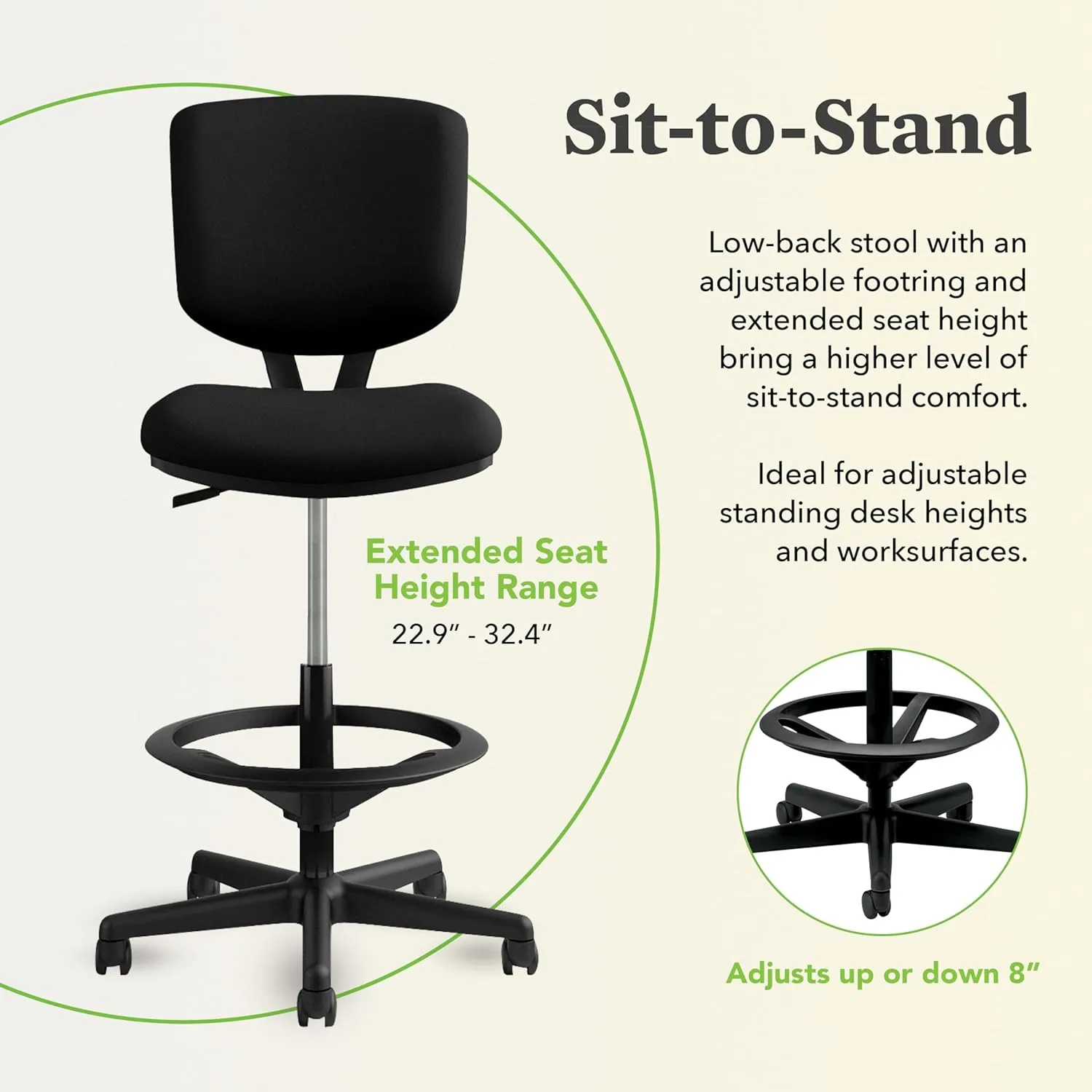 HON Volt Leather Office Chair with Foot Rest - Task Chair for Standing Office Desk, Foot Ring, and Wheels - 250lb Max, Black