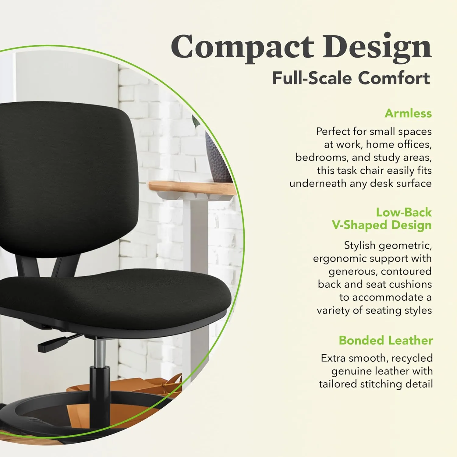 HON Volt Leather Office Chair with Foot Rest - Task Chair for Standing Office Desk, Foot Ring, and Wheels - 250lb Max, Black