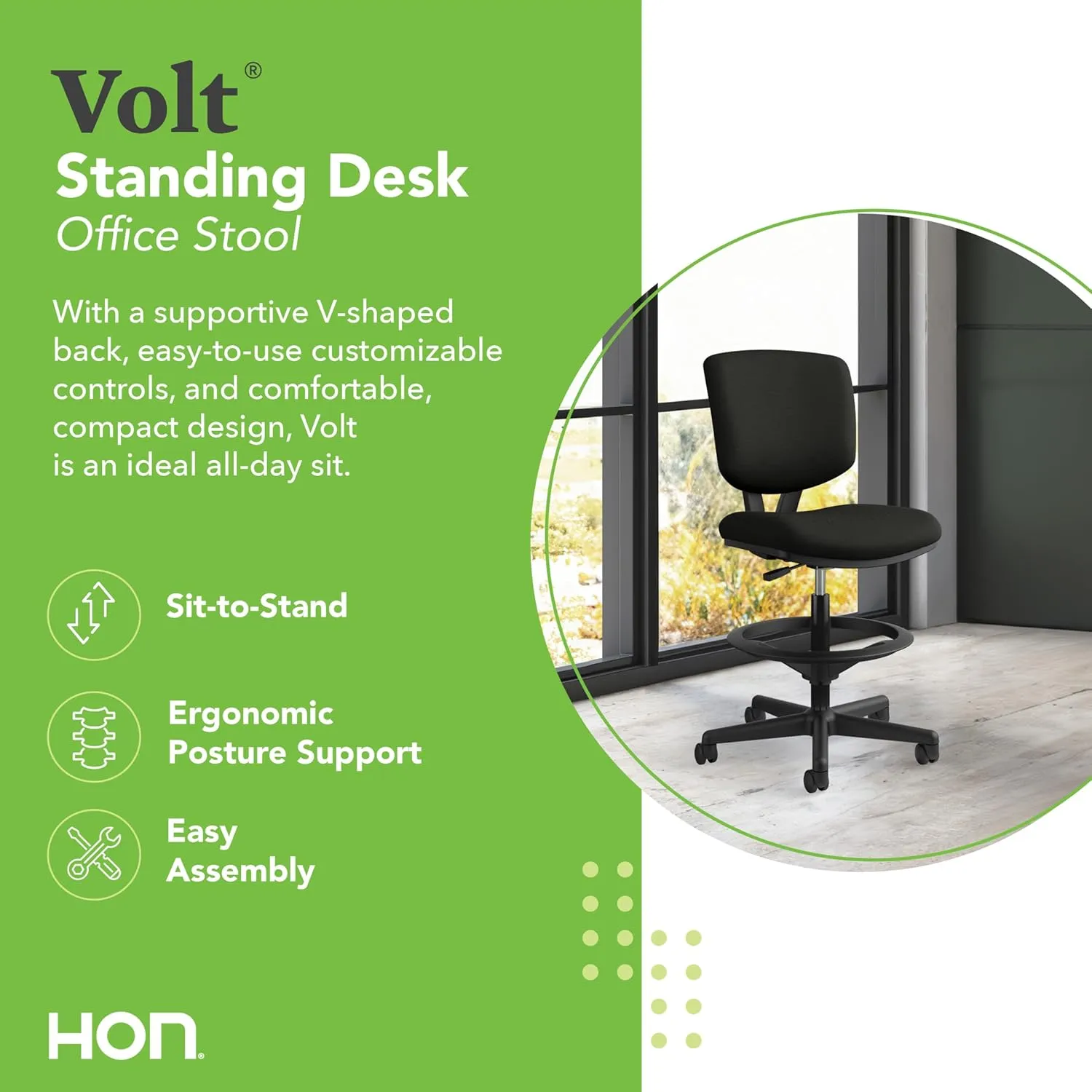 HON Volt Leather Office Chair with Foot Rest - Task Chair for Standing Office Desk, Foot Ring, and Wheels - 250lb Max, Black