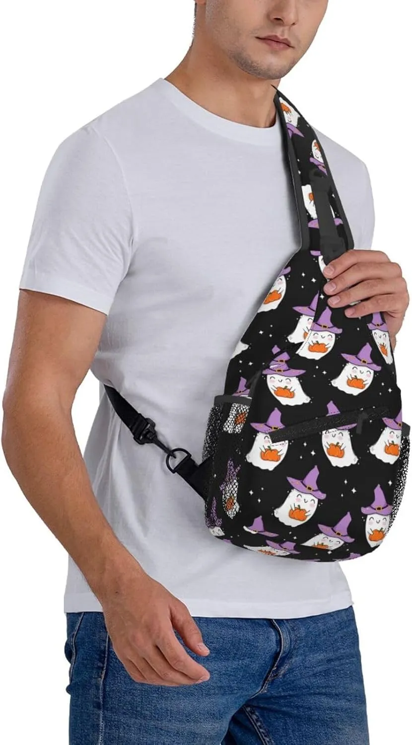 Horror Halloween Sling Backpack,Cute Ghost Pumpkin Crossbody Shoulder Backpack Adjustable Sling Bag for Men Women