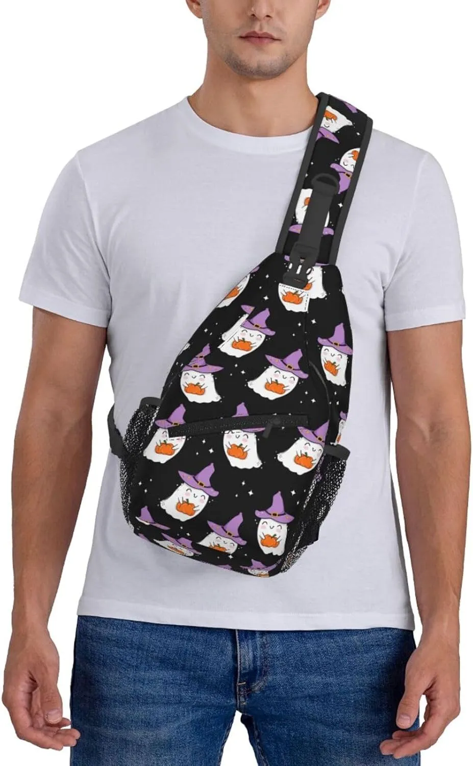 Horror Halloween Sling Backpack,Cute Ghost Pumpkin Crossbody Shoulder Backpack Adjustable Sling Bag for Men Women