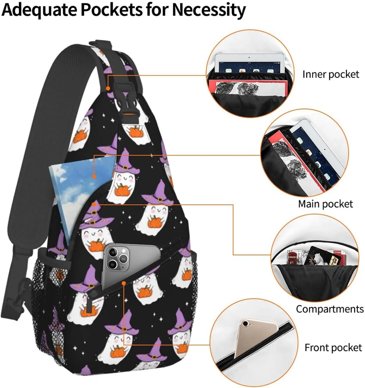 Horror Halloween Sling Backpack,Cute Ghost Pumpkin Crossbody Shoulder Backpack Adjustable Sling Bag for Men Women