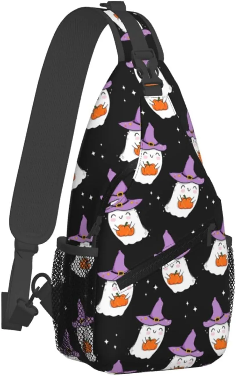 Horror Halloween Sling Backpack,Cute Ghost Pumpkin Crossbody Shoulder Backpack Adjustable Sling Bag for Men Women