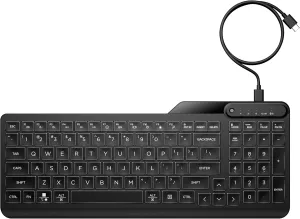 HP 400 Backlit Wired Keyboard (Ash Wired) - Warm White LED Illuminated Keys w/ 3 Brightness Levels - Slim & Portable Design - 12 Programmable Keys - Spill-Resistant, Sanitizable