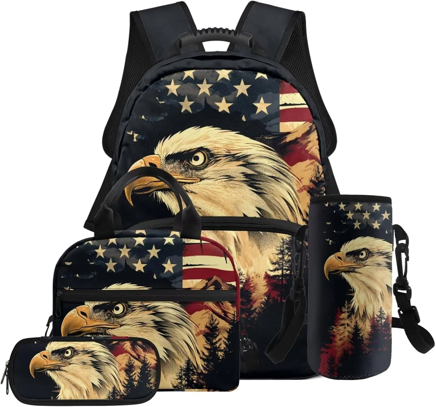 HUGS IDEA American Flag Kids Backpack for Boys Eagle Children School Backpack for Kids 4Pcs Bookbag and Insulated Lunch Box Set Large School Bag for Preschool Kindergarten Students
