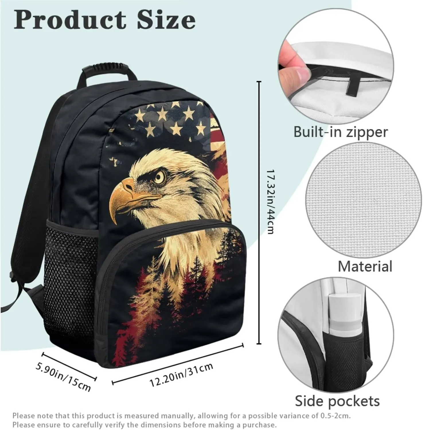 HUGS IDEA American Flag Kids Backpack for Boys Eagle Children School Backpack for Kids 4Pcs Bookbag and Insulated Lunch Box Set Large School Bag for Preschool Kindergarten Students