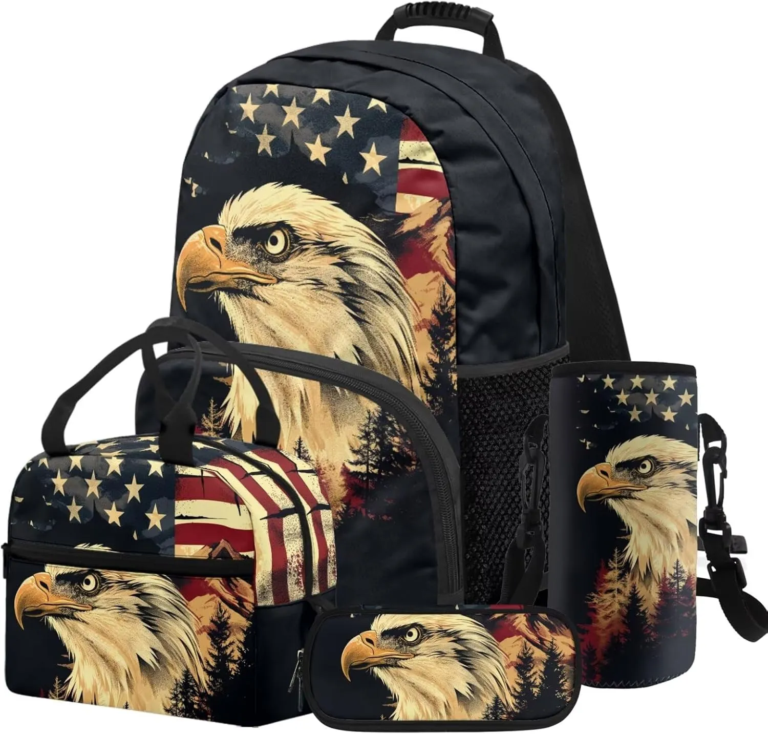 HUGS IDEA American Flag Kids Backpack for Boys Eagle Children School Backpack for Kids 4Pcs Bookbag and Insulated Lunch Box Set Large School Bag for Preschool Kindergarten Students