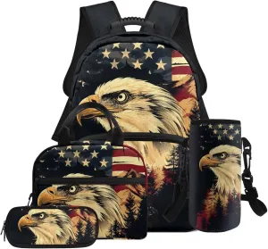 HUGS IDEA American Flag Kids Backpack for Boys Eagle Children School Backpack for Kids 4Pcs Bookbag and Insulated Lunch Box Set Large School Bag for Preschool Kindergarten Students
