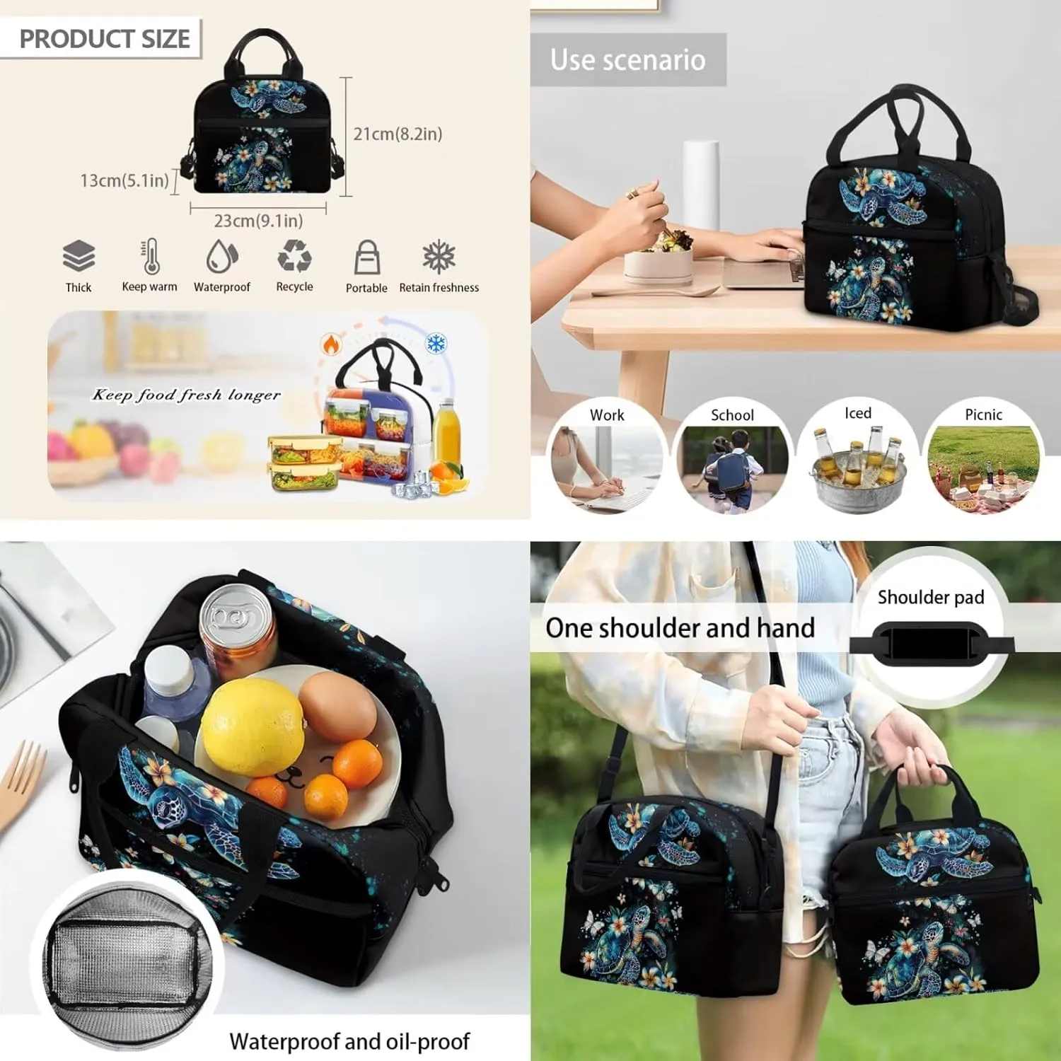 HUGS IDEA Blue Sea Turtle Girls Backpack with Lunchbox Sea Animal School Bag for Kids 3 In 1 School Bookbag and Lunch Box Pencil Case Set for Elementary Middle School Students Daypack