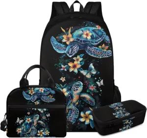 HUGS IDEA Blue Sea Turtle Girls Backpack with Lunchbox Sea Animal School Bag for Kids 3 In 1 School Bookbag and Lunch Box Pencil Case Set for Elementary Middle School Students Daypack
