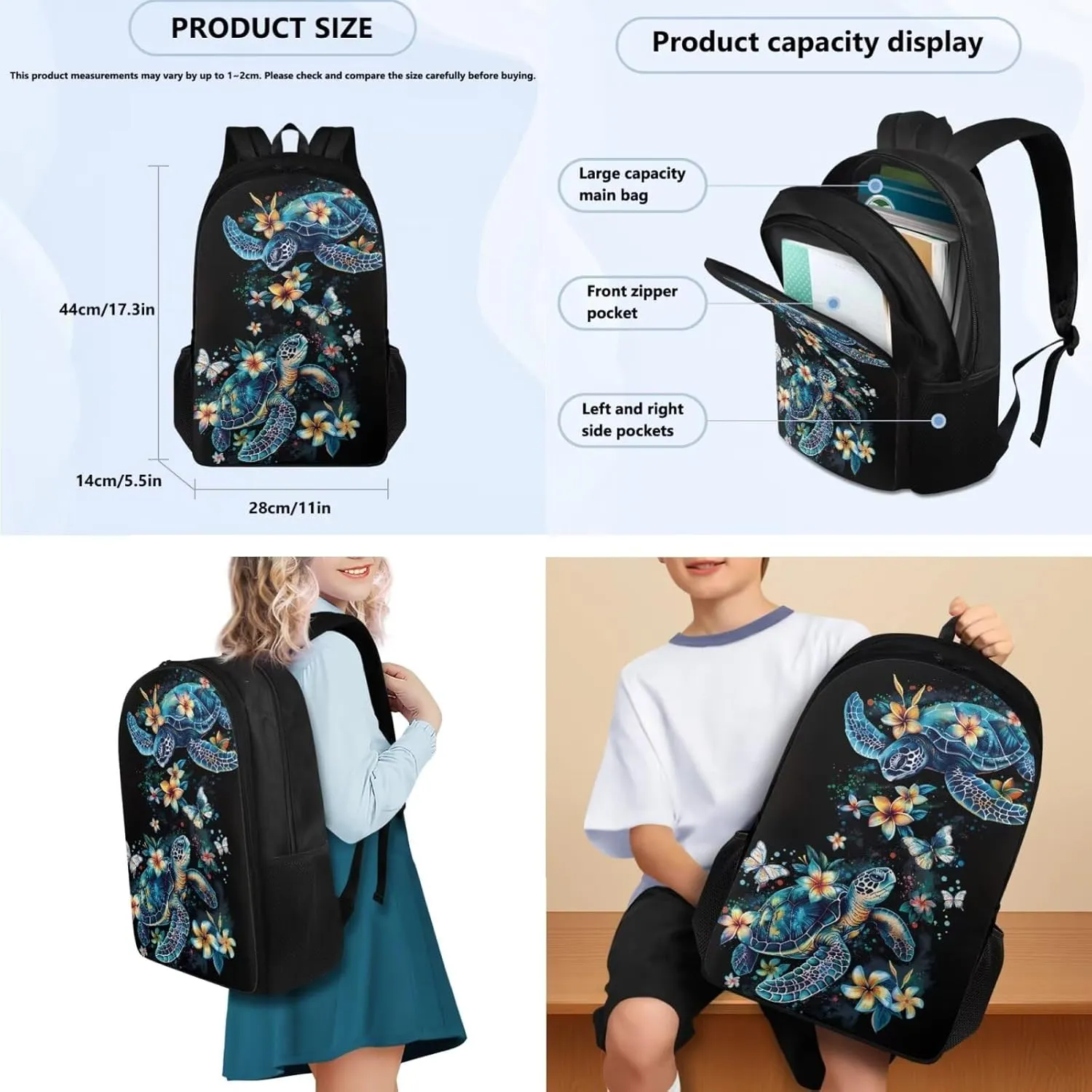 HUGS IDEA Blue Sea Turtle Girls Backpack with Lunchbox Sea Animal School Bag for Kids 3 In 1 School Bookbag and Lunch Box Pencil Case Set for Elementary Middle School Students Daypack