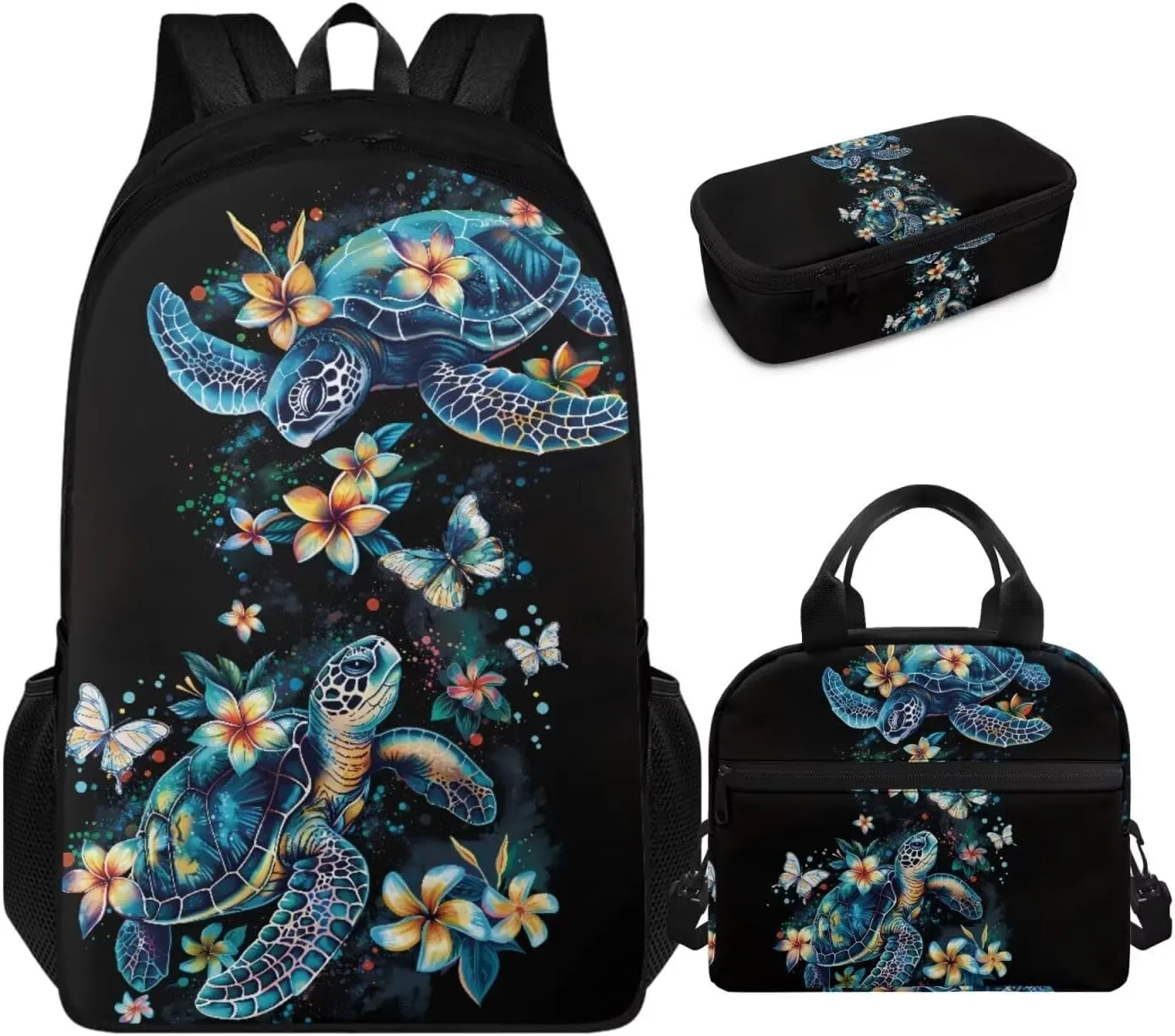 HUGS IDEA Blue Sea Turtle Girls Backpack with Lunchbox Sea Animal School Bag for Kids 3 In 1 School Bookbag and Lunch Box Pencil Case Set for Elementary Middle School Students Daypack