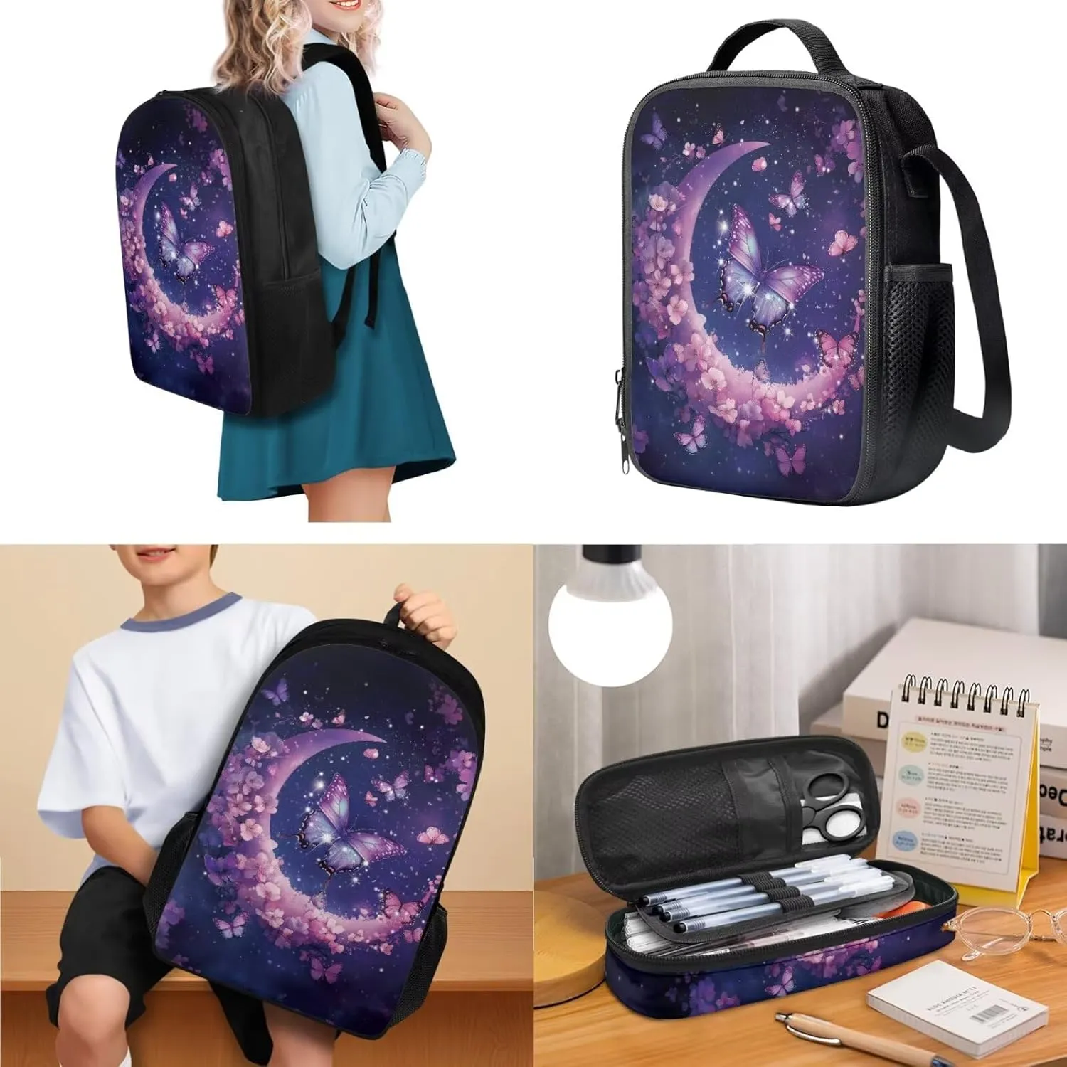 HUGS IDEA Butterfly Backpack Set for School Girls Moon Elementary School Bookbag with Lunchbox 17 Inch School Bag Set for Girls 8-10 Large Capacity Kids Backpack for Hiking Traveling
