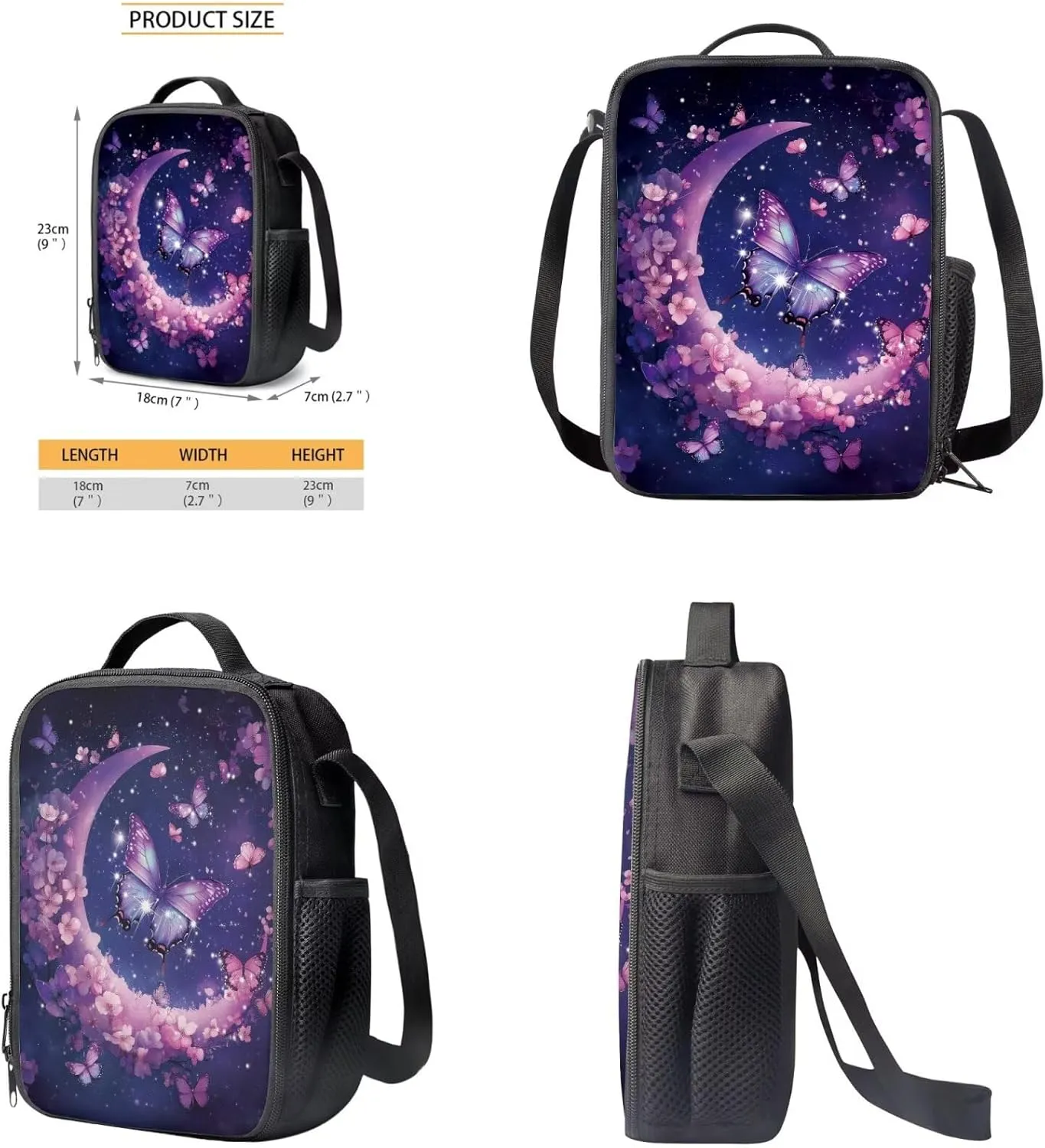 HUGS IDEA Butterfly Backpack Set for School Girls Moon Elementary School Bookbag with Lunchbox 17 Inch School Bag Set for Girls 8-10 Large Capacity Kids Backpack for Hiking Traveling