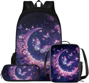 HUGS IDEA Butterfly Backpack Set for School Girls Moon Elementary School Bookbag with Lunchbox 17 Inch School Bag Set for Girls 8-10 Large Capacity Kids Backpack for Hiking Traveling