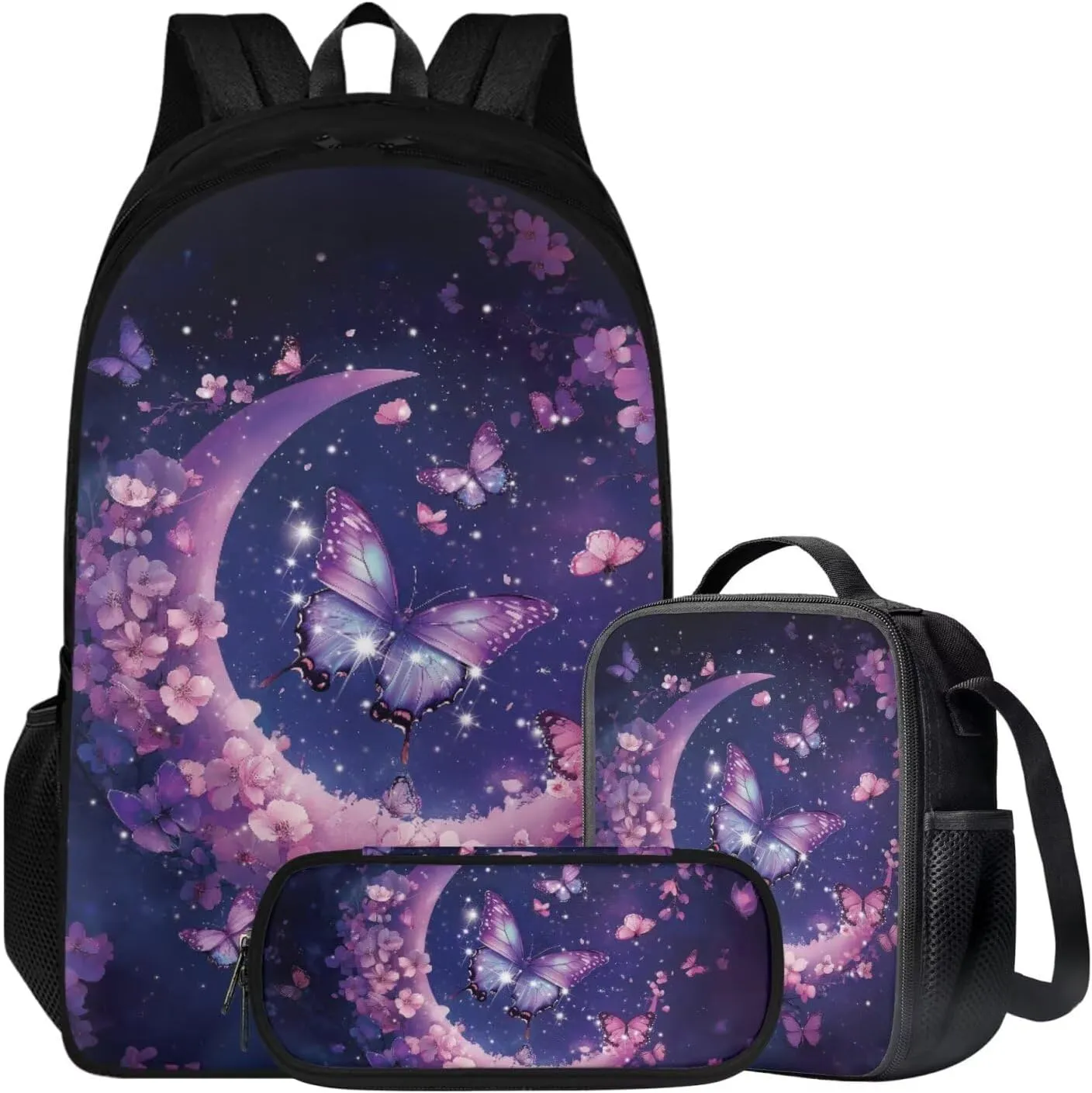 HUGS IDEA Butterfly Backpack Set for School Girls Moon Elementary School Bookbag with Lunchbox 17 Inch School Bag Set for Girls 8-10 Large Capacity Kids Backpack for Hiking Traveling