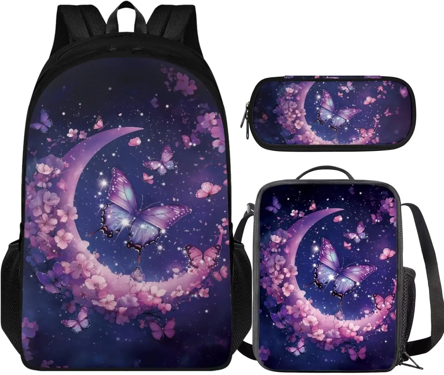 HUGS IDEA Butterfly Backpack Set for School Girls Moon Elementary School Bookbag with Lunchbox 17 Inch School Bag Set for Girls 8-10 Large Capacity Kids Backpack for Hiking Traveling