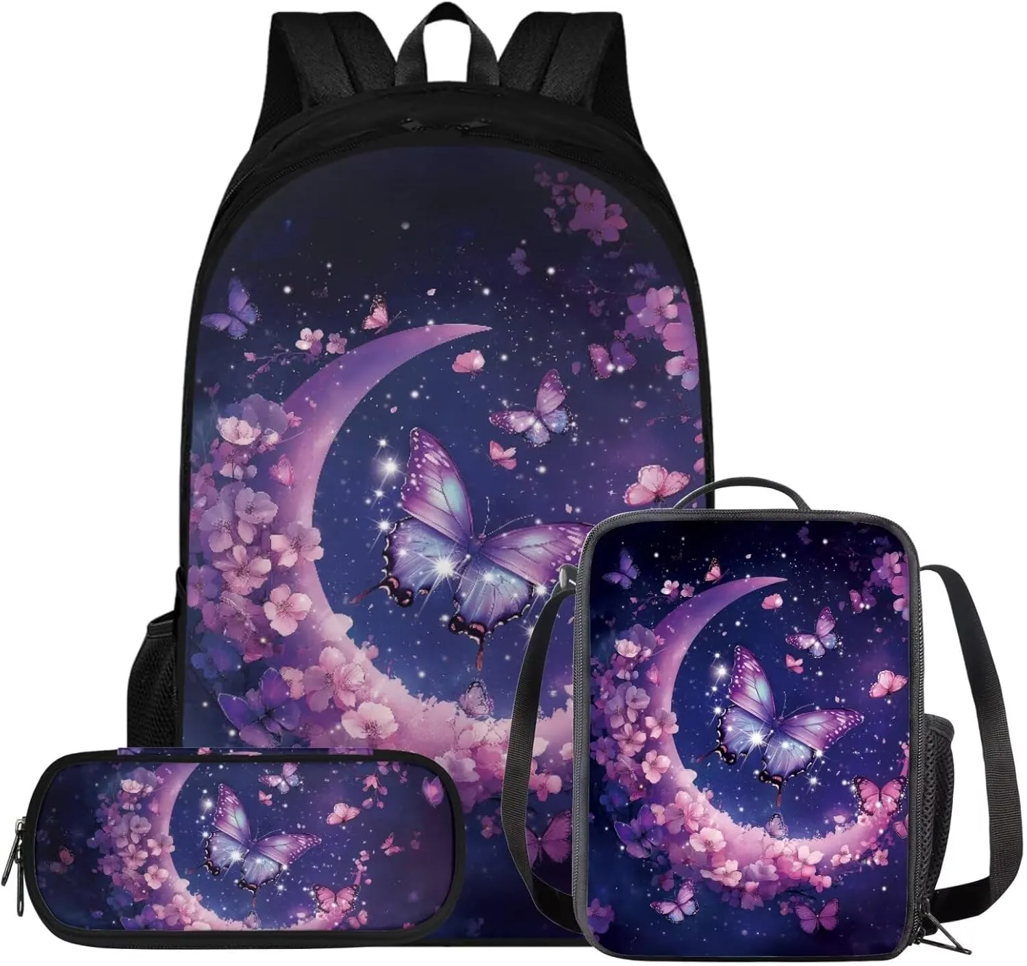 HUGS IDEA Butterfly Backpack Set for School Girls Moon Elementary School Bookbag with Lunchbox 17 Inch School Bag Set for Girls 8-10 Large Capacity Kids Backpack for Hiking Traveling