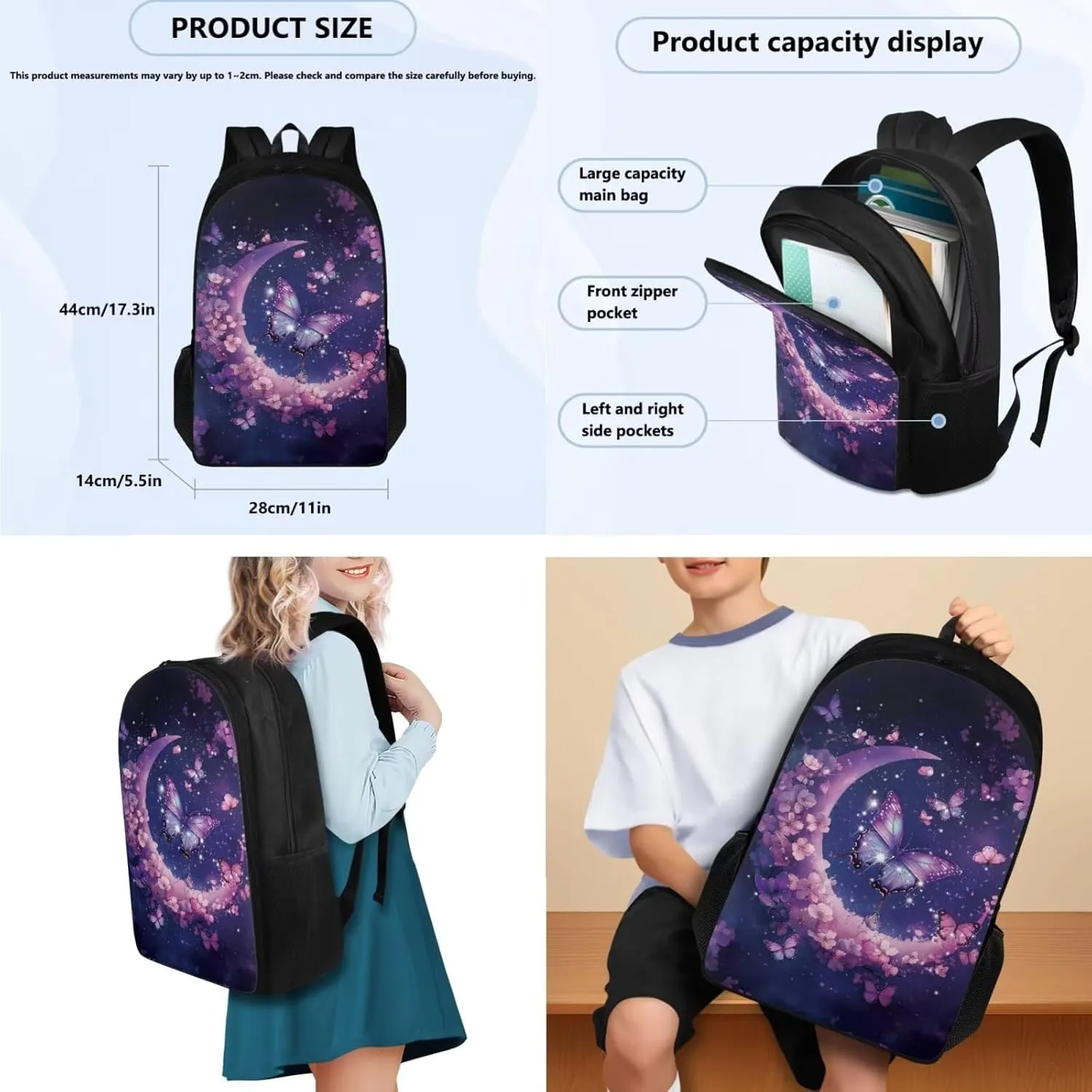 HUGS IDEA Butterfly Backpack Set for School Girls Moon Elementary School Bookbag with Lunchbox 17 Inch School Bag Set for Girls 8-10 Large Capacity Kids Backpack for Hiking Traveling