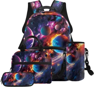 HUGS IDEA Galaxy Planets Backpack for Elementary School Planets Kids Bookbag with Lunchbox for Boys 6-8 Lightweight School Bags for Boys Large Schoolbag Set for Kids Travel Duffel Bag