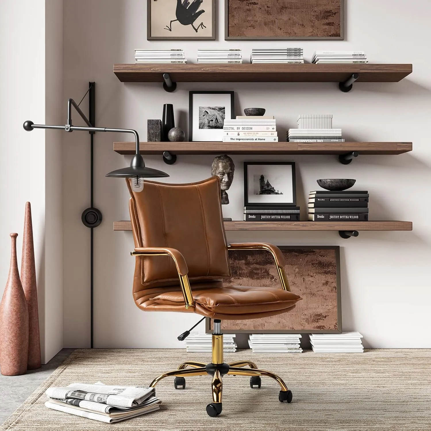 HULALA HOME Faux Leather Home Office Desk Chair, Adjustable Swivel Computer Chair with Golden Legs and Arms, Comfy Upholstered Task Chair,Camel