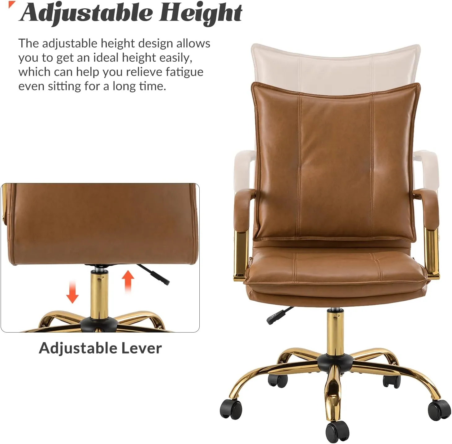 HULALA HOME Faux Leather Home Office Desk Chair, Adjustable Swivel Computer Chair with Golden Legs and Arms, Comfy Upholstered Task Chair,Camel