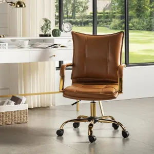 HULALA HOME Faux Leather Home Office Desk Chair, Adjustable Swivel Computer Chair with Golden Legs and Arms, Comfy Upholstered Task Chair,Camel