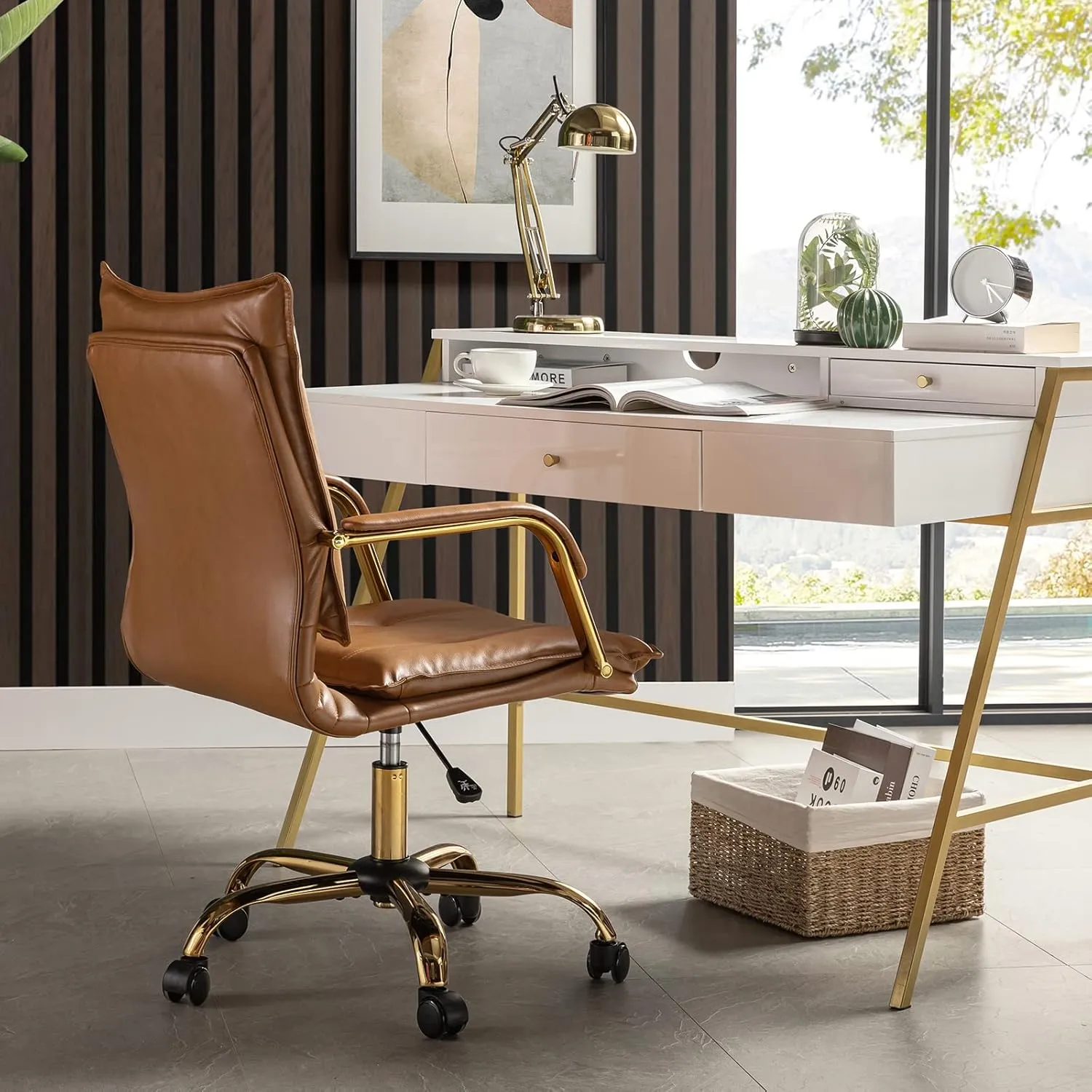 HULALA HOME Faux Leather Home Office Desk Chair, Adjustable Swivel Computer Chair with Golden Legs and Arms, Comfy Upholstered Task Chair,Camel