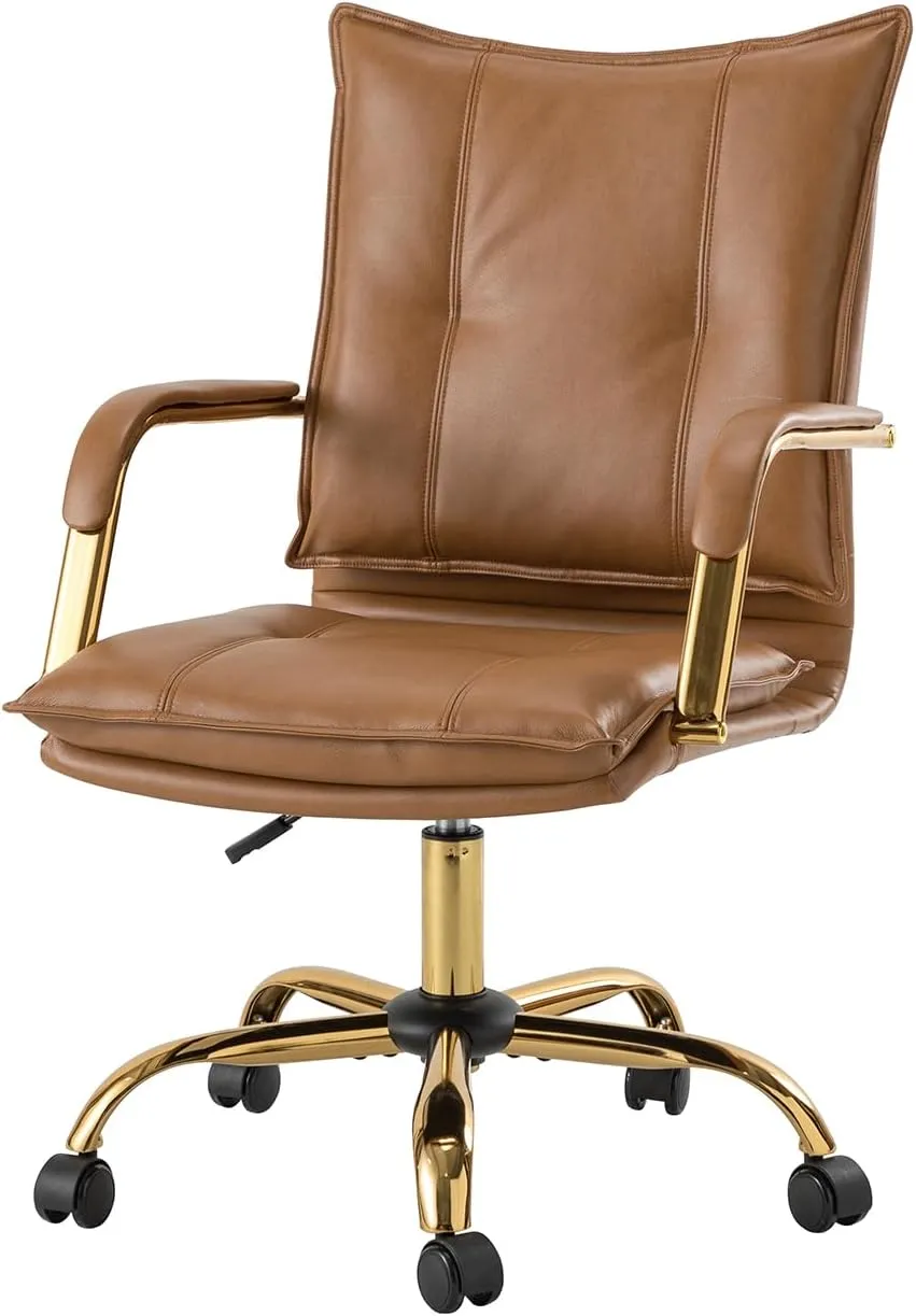 HULALA HOME Faux Leather Home Office Desk Chair, Adjustable Swivel Computer Chair with Golden Legs and Arms, Comfy Upholstered Task Chair,Camel