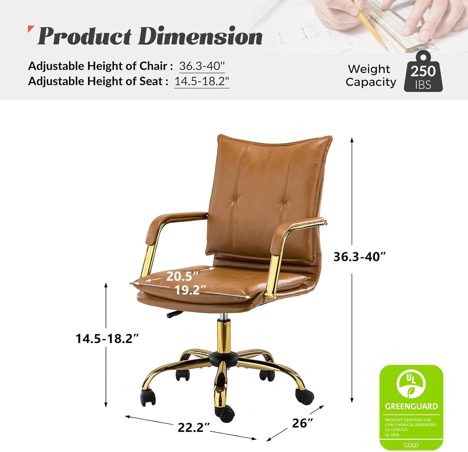 HULALA HOME Faux Leather Home Office Desk Chair, Adjustable Swivel Computer Chair with Golden Legs and Arms, Comfy Upholstered Task Chair,Camel