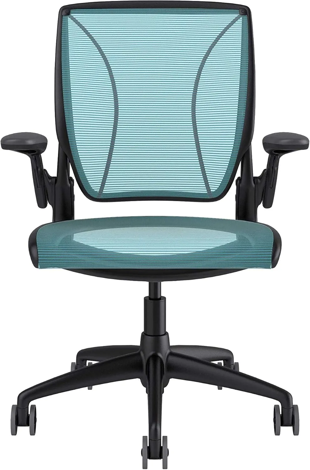 Humanscale Diffrient World Office Task Desk Chair - Adjustable Duron Arms - Black Frame Cyan Pinstripe Back and Seat Mesh W11BN58N58 - Carpet Casters
