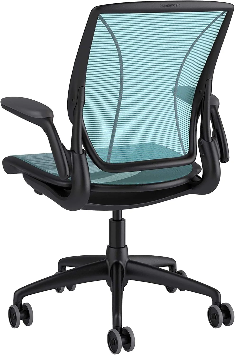 Humanscale Diffrient World Office Task Desk Chair - Adjustable Duron Arms - Black Frame Cyan Pinstripe Back and Seat Mesh W11BN58N58 - Carpet Casters