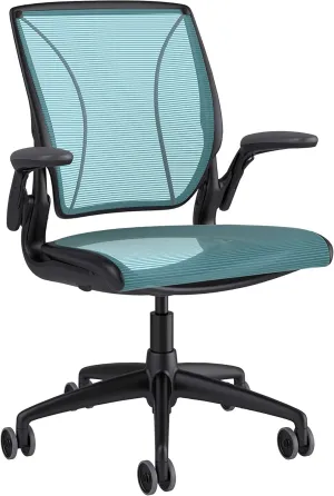 Humanscale Diffrient World Office Task Desk Chair - Adjustable Duron Arms - Black Frame Cyan Pinstripe Back and Seat Mesh W11BN58N58 - Carpet Casters