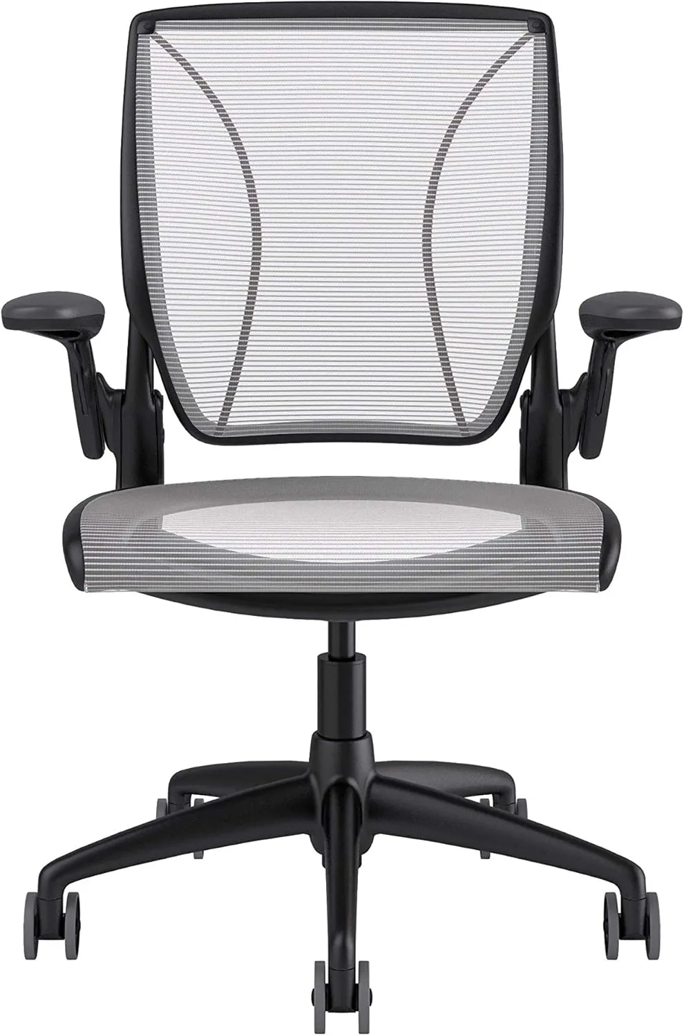 Humanscale Diffrient World Office Task Desk Chair - Adjustable Duron Arms - Black Frame White Pinstripe Back and Seat Mesh W11BN01N01 - Carpet Casters